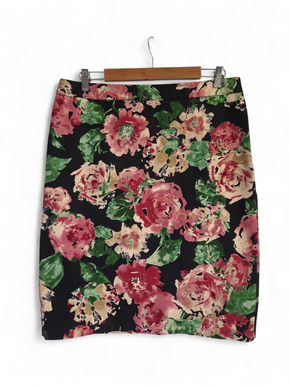 Talbots Black Floral Pencil Skirt with Pink & Green Roses Size 12